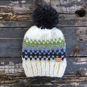 the Sherwoods hat - cream chunky knit hat with moss, ash grey and charcoal fair-isle pattern and jumbo pompom - READY TO SHIP