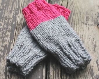 Bayport Mitts - Color blocked hand knit light grey & hot pink fingerless mitts