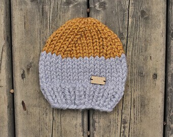 Mustard yellow and grey chunky knit baby hat