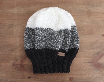 The Lost Trail Hat - black, marled grey and white knit color block beanie hat