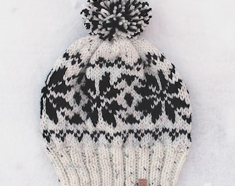 The Fjords Hat - Speckled off-white with black fair-isle snowflake pattern