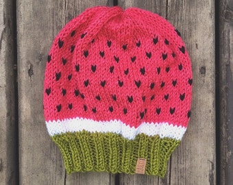 Watermelon hat - hand knit in bright pink, cream & green with black speckles