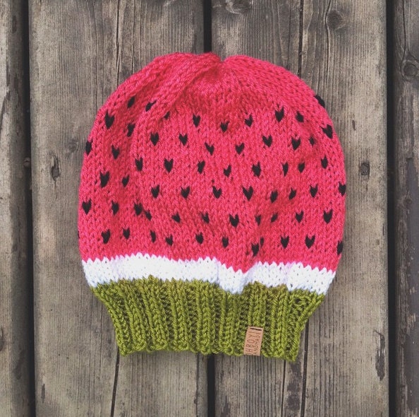 Watermelon Hat Hand Knit in Bright Pink Cream & Green With - Etsy