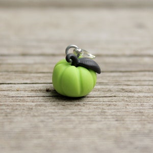 May include: A green pumpkin charm with a black stem and a silver loop for attaching to a necklace or bracelet.