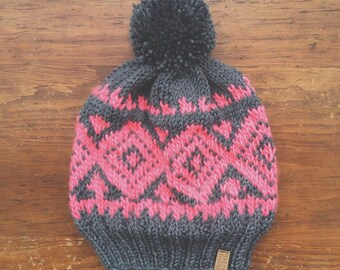 The Nazca Hat - Grey and neon pink fair-isle knit hat with pom-pom