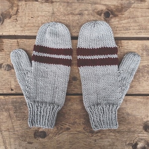 Hand knit stone grey & burgundy stripe mittens