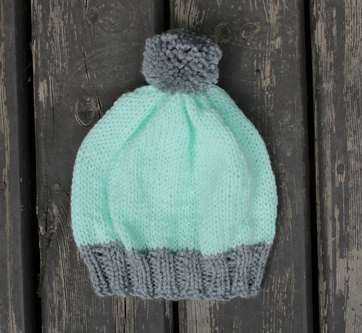 Disney Colorblock Knit Pom Beanie in Cream, Teal & Mint Grey & Light Teal Knit Color Block Pom Pom Beanie Hat - Etsy main image 2