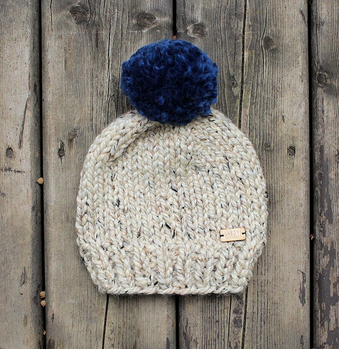 Heathered oatmeal toddler size chunky knit hat with blue Etsy