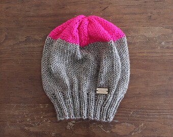 Kamloops Hat - Slouchy style knit color-block hat in taupe grey & neon pink