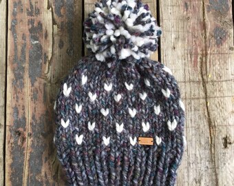 Abalone grey and white dot chunky knit hat with jumbo pompom