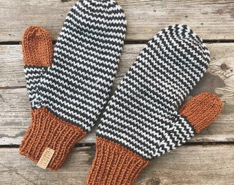 Striped hand knit brown, charcoal and grey mittens