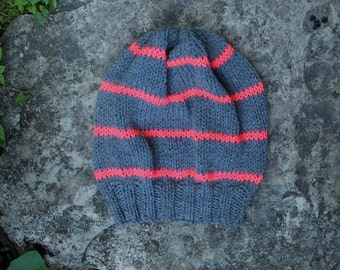 Slouchy style knit neon pink and grey stripe hat
