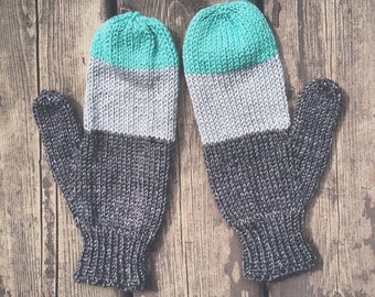 Color blocked hand knit heathered charcoal, stone grey & turquoise mittens