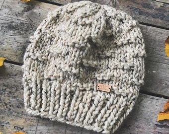 Chunky slouchy knit hat in a natural oatmeal color