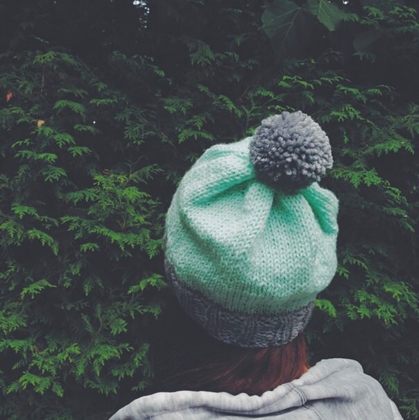 Grey & Light Teal Knit Color Block Pom Pom Beanie Hat - Etsy
