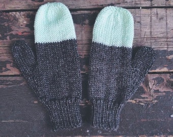 Color blocked hand knit heathered charcoal & turquoise mittens