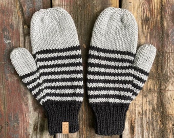 hand knit charcoal grey and ash grey striped mittens OOAK