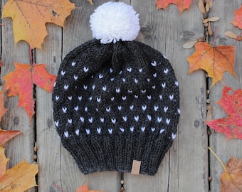 Marble Mountain Hat - Dark charcoal speckled pom knit slouchy style beanie hat