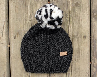 Black chunky knit baby hat with black & white pompom