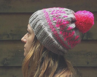 The Willow Hat - soft grey hat with neon pink fair-isle knit hat with pom-pom