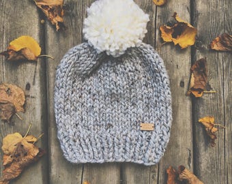 The Cape North Hat - Chunky slouchy knit hat in heathered grey and giant white pom-pom