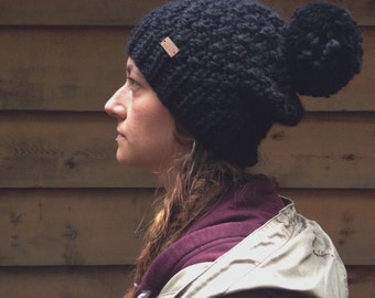 the Redwoods hat - chunky knit textured slouchy style hat in black with jumbo pompom