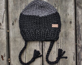 Black and charcoal grey chunky knit baby hat with ties