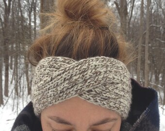 women's twisted style knit headband in cream and brown tweed wool