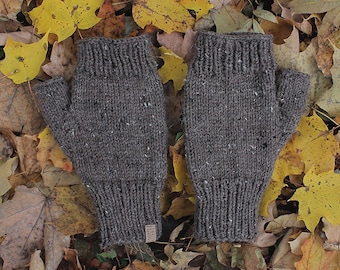 Expedition Mitts - Men's brown tweed hand knit fingerless mittens