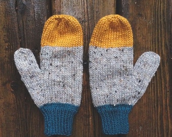 Color blocked hand knit heathered grey, denim blue & mustard yellow mittens