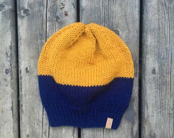 Kamloops Hat - Slouchy style knit color-block hat in navy and Mustard yellow