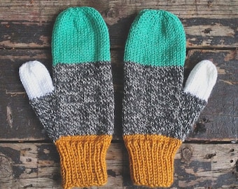 Color blocked hand knit marled charcoal, mustard yellow, cream & turquoise mittens