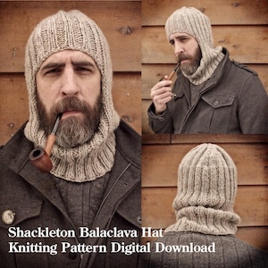 May include: A beige ribbed knit balaclava hat featuring a fitted hood design that covers the head and neck. The text Shackleton Balaclava Hat Knitting Pattern Digital Download is printed at the bottom of the image over a dark gray jacket.