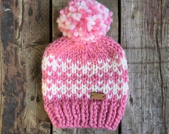 READY TO SHIP - pink and white chunky knit baby hat with pompom
