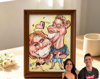Bespoke custom personalised hand drawn funny exaggerated couple caricature playful portrait framed wall art romantic surprise gift