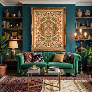 May include: A living room with teal walls, a green velvet sofa, and a large framed tapestry. The room features bookshelves, a patterned rug, and a glass coffee table. Decorative pillows and lamps add to the cozy atmosphere.