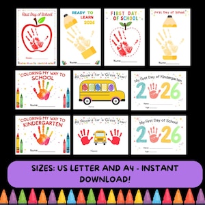 Può includere: Una collezione di undici fogli di attività scolastiche stampabili con disegni di impronte di mani, grafiche di mele e scuolabus, e testo che include First Day of School, Ready to Learn 2026, Coloring My Way to School e My First Day of Kindergarten.