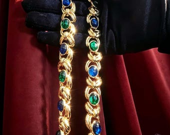 Gold-Tone French Style Necklace, Blue Green Glass Stones, Statement Cocktail Jewelry