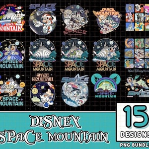 May include: A collection of 15 Disney Space Mountain designs in a PNG bundle. The designs feature various characters and the Space Mountain ride, with text that reads "Disney Space Mountain". The designs are in a variety of colours.