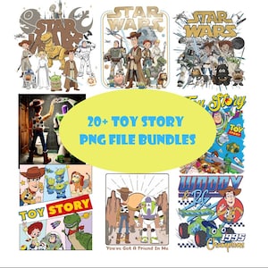 May include: A collection of Toy Story PNG file bundles featuring various characters and scenes from the animated movie. The image includes the text "20+ TOY STORY PNG FILE BUNDLES" in a yellow oval.