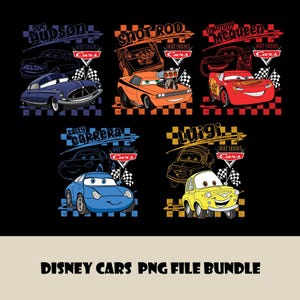 Può includere: Un pacchetto di grafica digitale con cinque personaggi del film Cars: Doc Hudson in blu, Snot Rod in arancione, Lightning McQueen in rosso, Sally Carrera in azzurro e Luigi in giallo. Ogni personaggio include il proprio nome e logo.