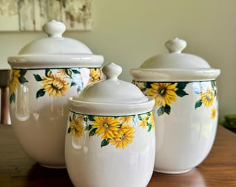 3 Piece Sunflower Ceramic Canister Set Kitchen Jars Farmhouse Country Decor w/Lids