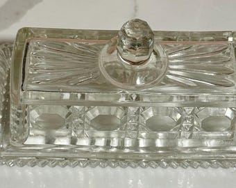 Vintage Pressed Glass Covered Butter Dish - Starburst & Diamond Cut Crystal Pattern with Handles