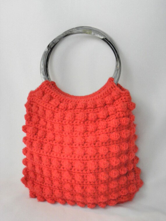 Vintage Handmade Red Crochet Tote Purse Bag - Exce