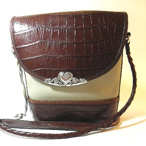 RARE Brighton Western Brown and Cream Vintage Purse with Mock Croc and Silver Tone Metal Decor, 1990&#39;s