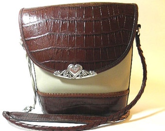 RARE Brighton Western Brown and Cream Vintage Purse with Mock Croc and Silver Tone Metal Decor, 1990's
