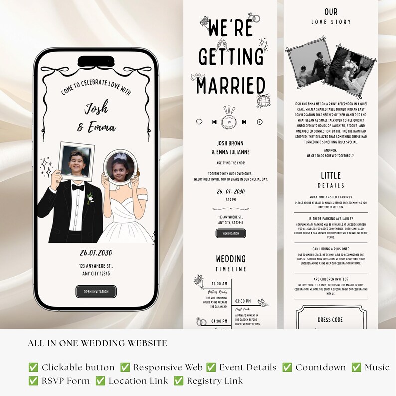 Hand Drawn Wedding Website Template Whimsical Illustration Editable