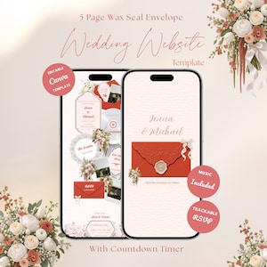 以下が含まれることがあります： 2台のスマートフォンに表示されたCanva用の5ページ構成の結婚式ウェブサイトテンプレート。赤い封筒とシーリングワックス、花のアクセント、Jenna & Michaelというテキストが特徴です。カウントダウンタイマー、音楽、追跡可能なRSVP機能が含まれています。