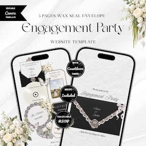 Puede incluir: Una plantilla de sitio web para fiesta de compromiso en dos teléfonos inteligentes, con un sobre negro con sello de cera, detalles florales blancos, gráficos de mariposas, temporizador de cuenta regresiva, música y RSVP rastreable.