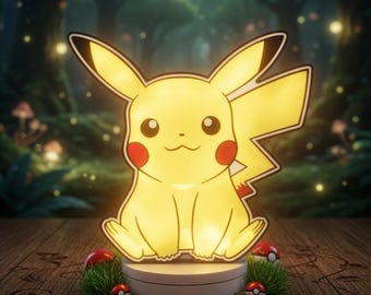 Puede incluir: Una figura de Pikachu amarilla brillante con círculos rojos en las mejillas y orejas con puntas negras se encuentra sobre una plataforma blanca. Miniaturas de Poké Balls rojas y blancas y hierba verde rodean la figura, sobre un fondo de bosque.